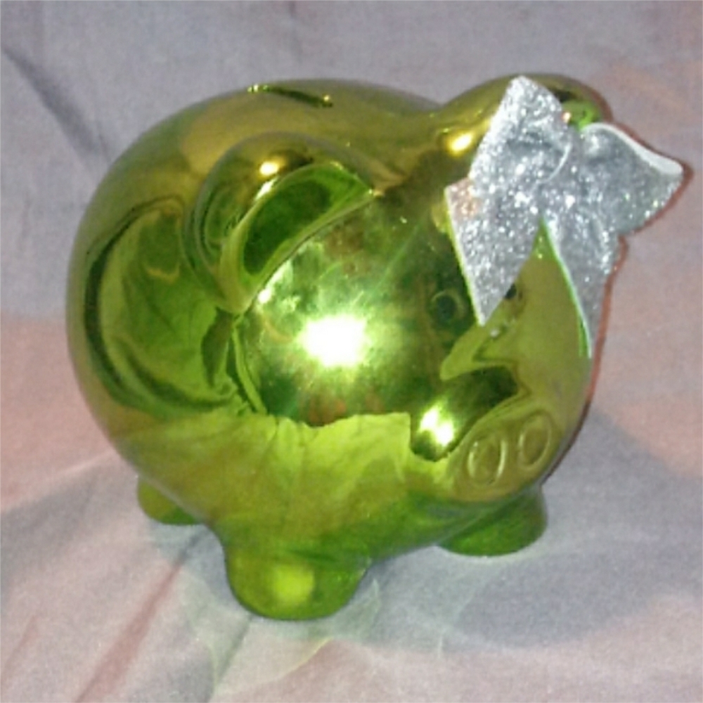 Green Piggy Bank with Silver Bow